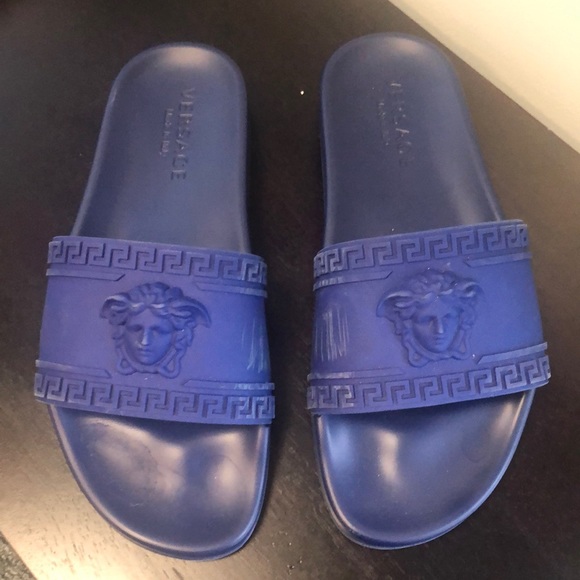 blue versace slides